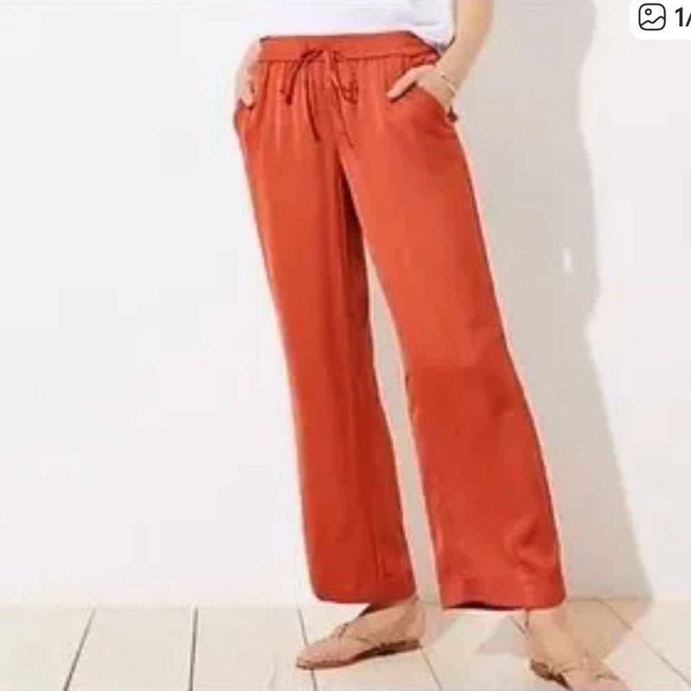 LOFT | Rust Burnt Orange Satin Wide Leg Drawstring Pants | Plus Size 14 | NWT